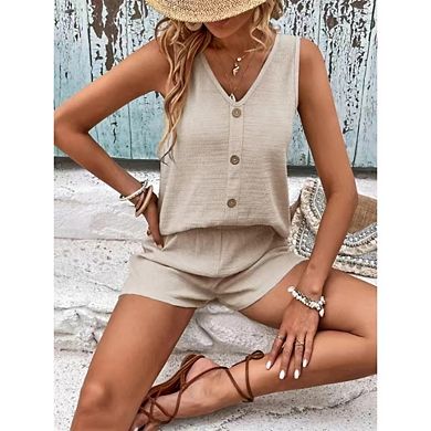 Women's 2 Set Casual Shorts Plain Scoop Neck Button Down Sleeveless Tank Tops