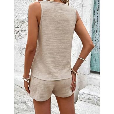Women's 2 Set Casual Shorts Plain Scoop Neck Button Down Sleeveless Tank Tops