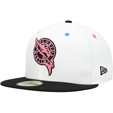 Men's New Era White Florida Marlins Cooperstown Collection Neon Eye 59FIFTY Fitted Hat