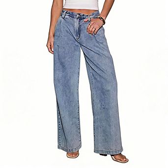 Women's High Waist Wide Leg Jeans Pleated Front Dressy Casual Loose Fit Work Denim Pants