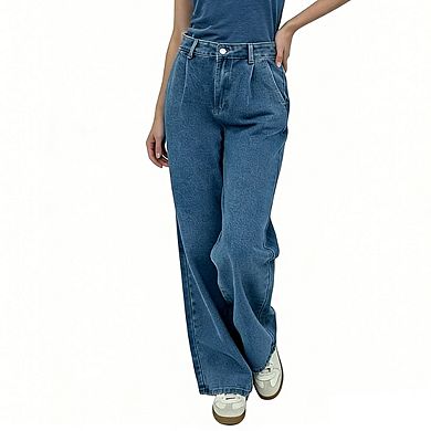 Women's High Waist Wide Leg Jeans Front Pleated Relaxed Casual Denim Pants