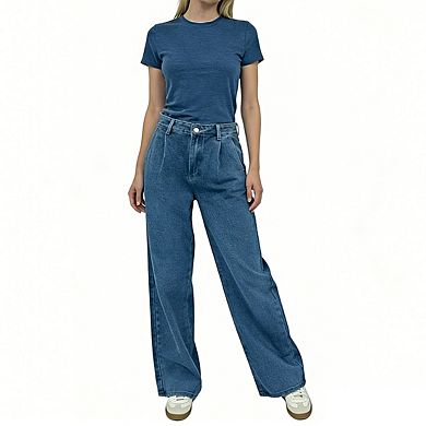 Women's High Waist Wide Leg Jeans Front Pleated Relaxed Casual Denim Pants