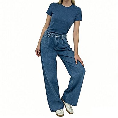 Women's High Waist Wide Leg Jeans Front Pleated Relaxed Casual Denim Pants