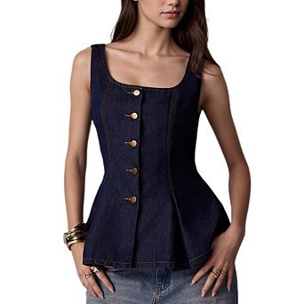 Women's Vintage Denim Peplum Blouse Sleeveless Square Neck Backless Button Front Top