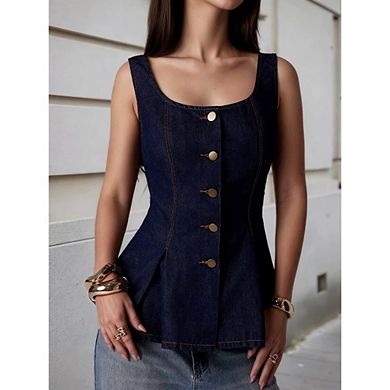 Women's Vintage Denim Peplum Blouse Sleeveless Square Neck Backless Button Front Top