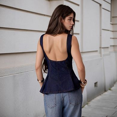 Women's Vintage Denim Peplum Blouse Sleeveless Square Neck Backless Button Front Top