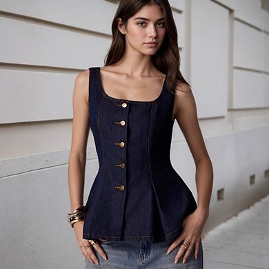 Women's Vintage Denim Peplum Blouse Sleeveless Square Neck Backless Button Front Top