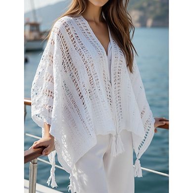 Women’s Boho Knitted Cape Shawl, Bikini Swimsuit Crochet Cover-Up, Solid Color Sun Protection Cape