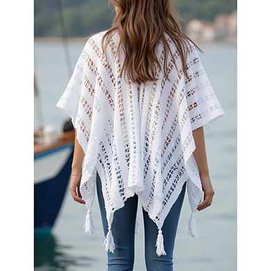 Women’s Boho Knitted Cape Shawl, Bikini Swimsuit Crochet Cover-Up, Solid Color Sun Protection Cape