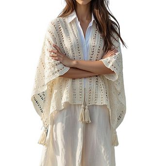 Women’s Boho Knitted Cape Shawl, Bikini Swimsuit Crochet Cover-Up, Solid Color Sun Protection Cape