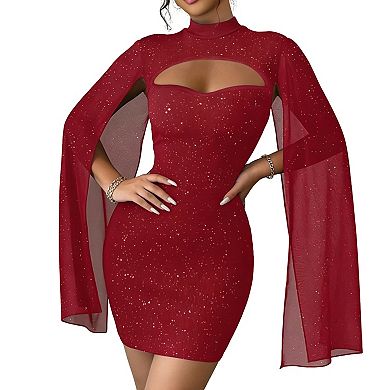 Glitter Bodycon Mini Dress with High Neck, Chest Cutout & Sheer Cape Sleeves