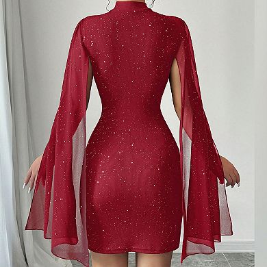 Glitter Bodycon Mini Dress with High Neck, Chest Cutout & Sheer Cape Sleeves