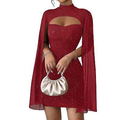 Glitter Bodycon Mini Dress with High Neck, Chest Cutout & Sheer Cape Sleeves
