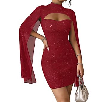 Glitter Bodycon Mini Dress with High Neck, Chest Cutout & Sheer Cape Sleeves