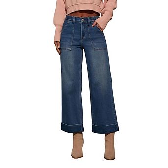 Women's High Waisted Wide Leg Jeans Loose Fit Washed Denim Pants with Rolled Cuffs and Pockets