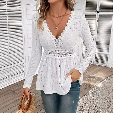 Women's Solid Color Blouses V Neck Patchwork Lace Long Sleeve Shirt Tops