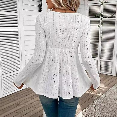 Women's Solid Color Blouses V Neck Patchwork Lace Long Sleeve Shirt Tops
