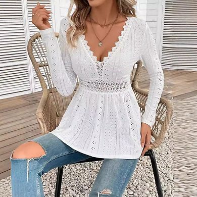 Women's Solid Color Blouses V Neck Patchwork Lace Long Sleeve Shirt Tops