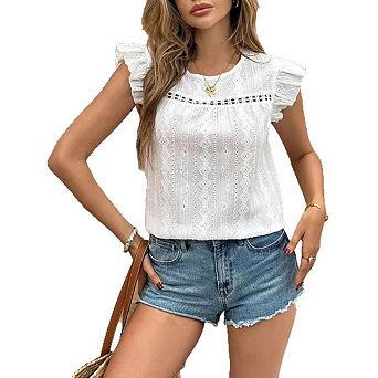 Women's Boho Eyelet Embroidery Ruffle Cap Sleeve T Shirt Crewneck Beach Elegant Blouses Tops