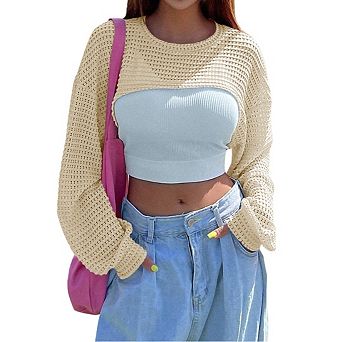 Women's Round Neck Long Sleeve Pullover Hollow Top Knitted Long Sleeve Shrug Sweater Knit Cover Up