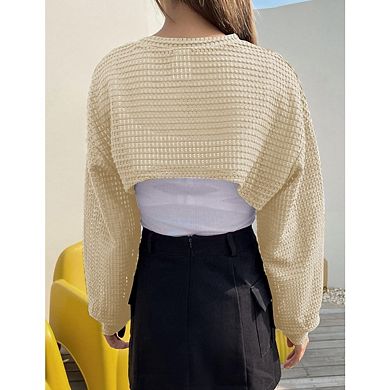 Women's Round Neck Long Sleeve Pullover Hollow Top Knitted Long Sleeve Shrug Sweater Knit Cover Up