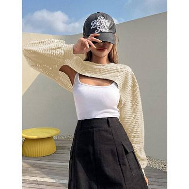 Women's Round Neck Long Sleeve Pullover Hollow Top Knitted Long Sleeve Shrug Sweater Knit Cover Up