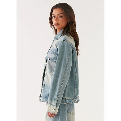 Womens Jean Jacket Casual Vintage Button Down Long Sleeve denim Jacket Coat With Pockets