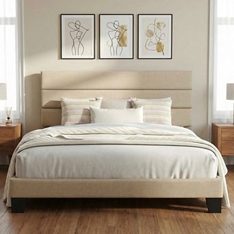 Upholstered Platform Bed Frame with Fabric Headboard and Wood Slat Support, Mattress Foundation