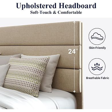 Upholstered Platform Bed Frame with Fabric Headboard and Wood Slat Support, Mattress Foundation