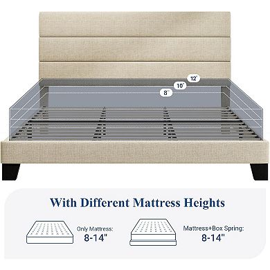 Upholstered Platform Bed Frame with Fabric Headboard and Wood Slat Support, Mattress Foundation