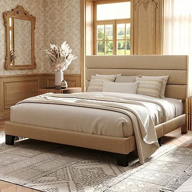 Upholstered Platform Bed Frame with Fabric Headboard and Wood Slat Support, Mattress Foundation