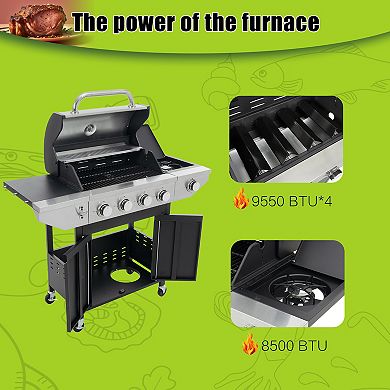 4 Burner Propane Gas Grill with Side Burner & 4 Wheels, 46,500 BTU Outdoor BBQ Grill for Backyard