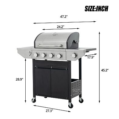 4 Burner Propane Gas Grill with Side Burner & 4 Wheels, 46,500 BTU Outdoor BBQ Grill for Backyard
