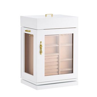 360° Rotating Jewelry Box with Magnetic Door, Necklace Hooks & Soft Lining, Spacious Organizer