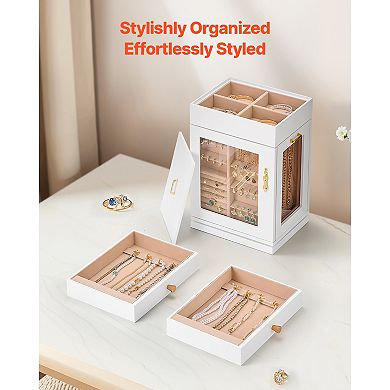 360° Rotating Jewelry Box with Magnetic Door, Necklace Hooks & Soft Lining, Spacious Organizer