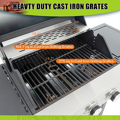 3 Burner Propane Gas Grill with Side Burner & 4 Wheels, 37,000 BTU Outdoor BBQ Grill for Backyard