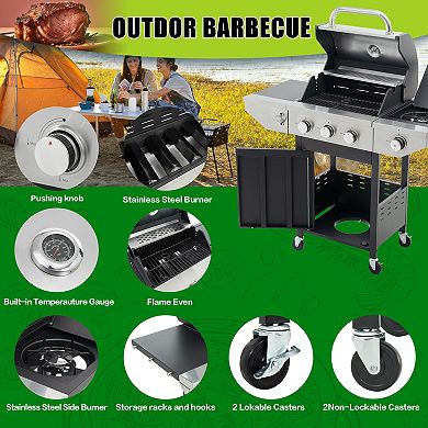 3 Burner Propane Gas Grill with Side Burner & 4 Wheels, 37,000 BTU Outdoor BBQ Grill for Backyard