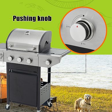 3 Burner Propane Gas Grill with Side Burner & 4 Wheels, 37,000 BTU Outdoor BBQ Grill for Backyard