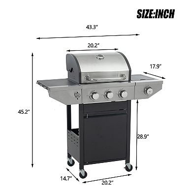 3 Burner Propane Gas Grill with Side Burner & 4 Wheels, 37,000 BTU Outdoor BBQ Grill for Backyard