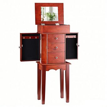 Standing Jewelry Armoire Cabinet Storage Chest with 3 Drawers，Tangle-Free Hooks & Makeup Mirror