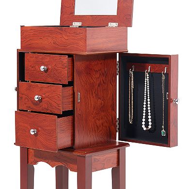 Standing Jewelry Armoire Cabinet Storage Chest with 3 Drawers，Tangle-Free Hooks & Makeup Mirror