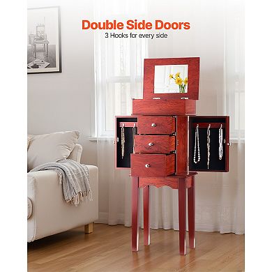Standing Jewelry Armoire Cabinet Storage Chest with 3 Drawers，Tangle-Free Hooks & Makeup Mirror