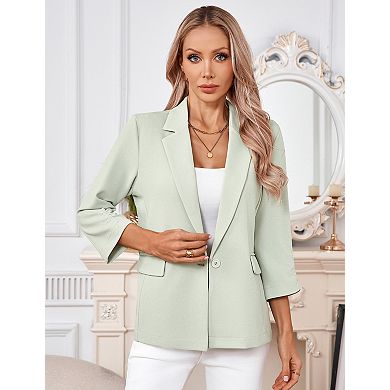 Women's 3/4 Sleeve Long Blazer Front Button Down Business Jacket