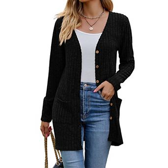 Women's Ribbed Button Open Knit Cardigan sweater Long Sleeve with Pockets