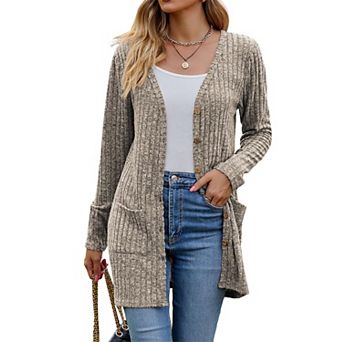 Women's Ribbed Button Open Knit Cardigan sweater Long Sleeve with Pockets