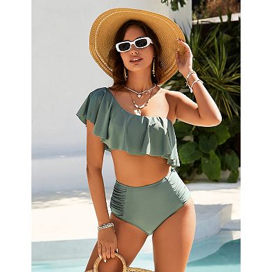 Women's High Waist One Shoulder Ruffle Swimsuit Sets