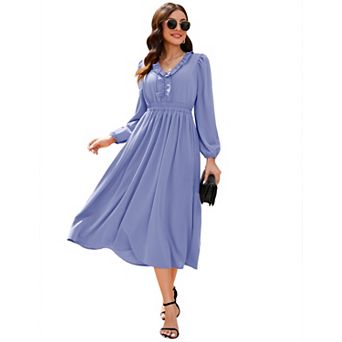 Women's Ruffled Long Sleeve V-Neck Midi Dress with Smocked Waist Flowy A-Line Dress