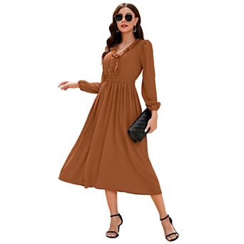 Women's Ruffled Long Sleeve V-Neck Midi Dress with Smocked Waist Flowy A-Line Dress