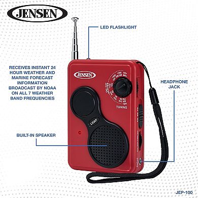 Jensen JEP100 AM/FM Weather Band Portable Radio with LED Flashlight
