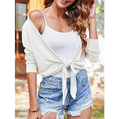 Women's Plus Size Tie Front Knit Cardigan Long Sleeve Open Front Wrap Sweater